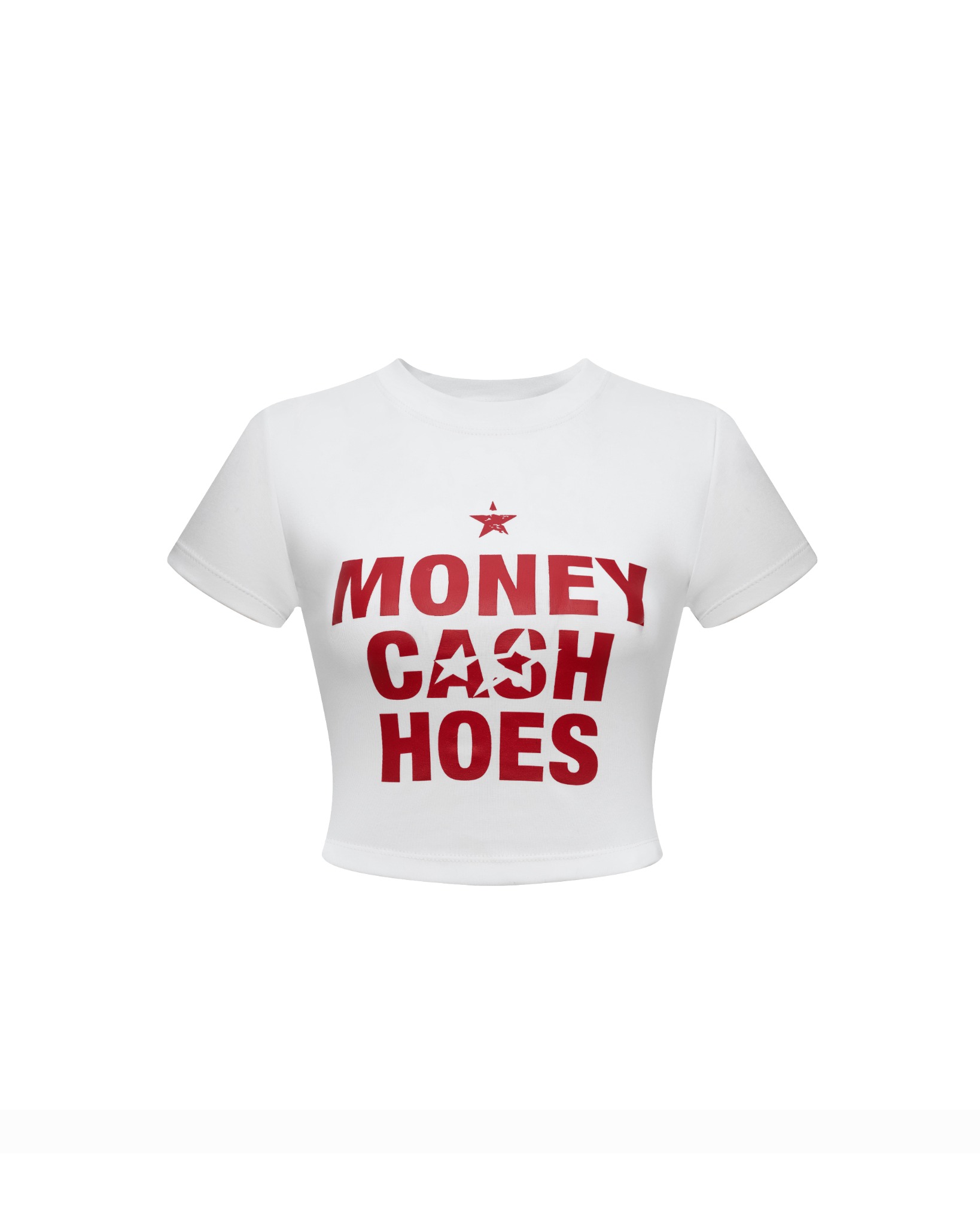 TBT5 - PRINT " MONEY CASH HOES " CROPTOP - WHITE