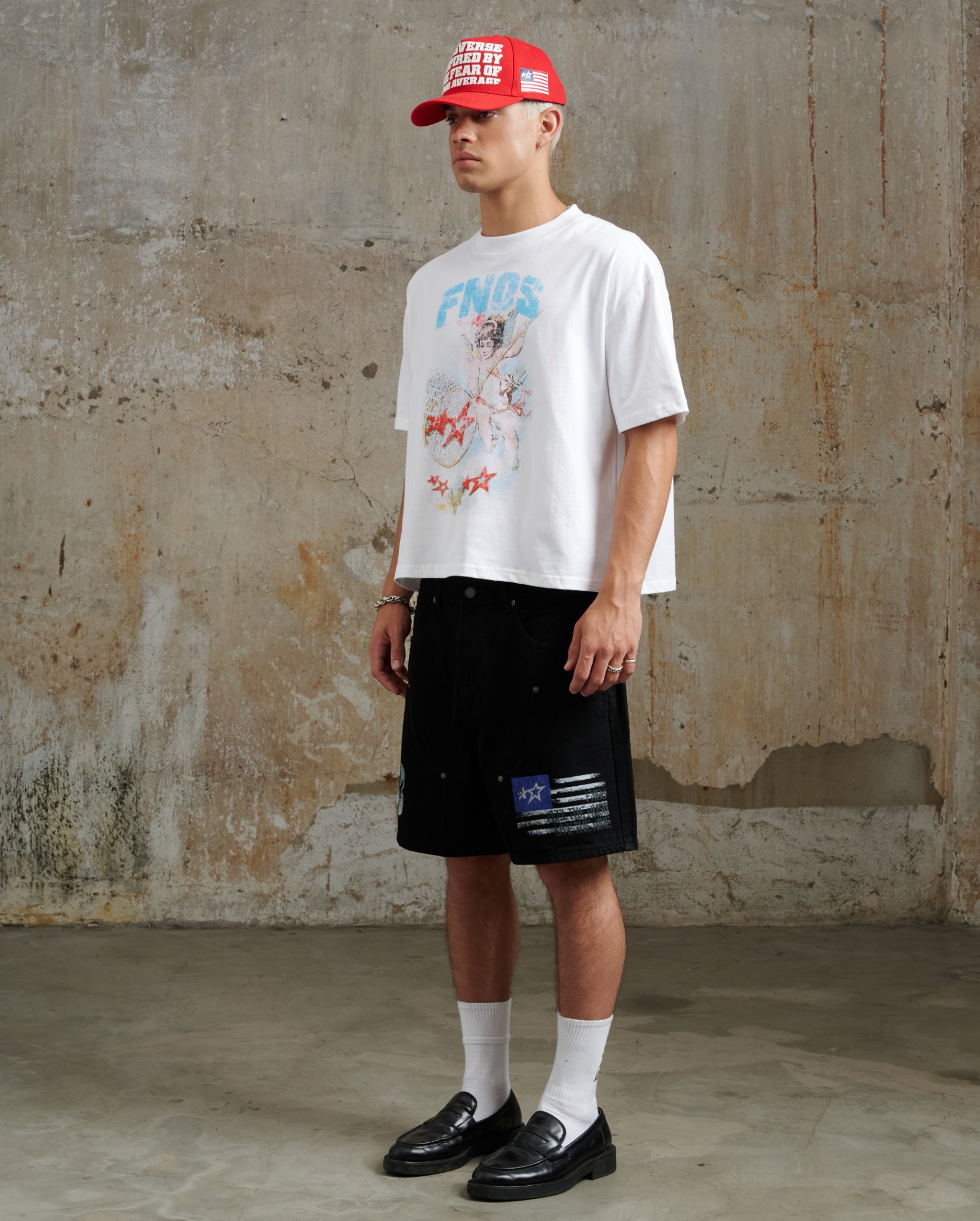 SJ1 - WASHED FLAG PRINT JEAN SHORTS - BLACK