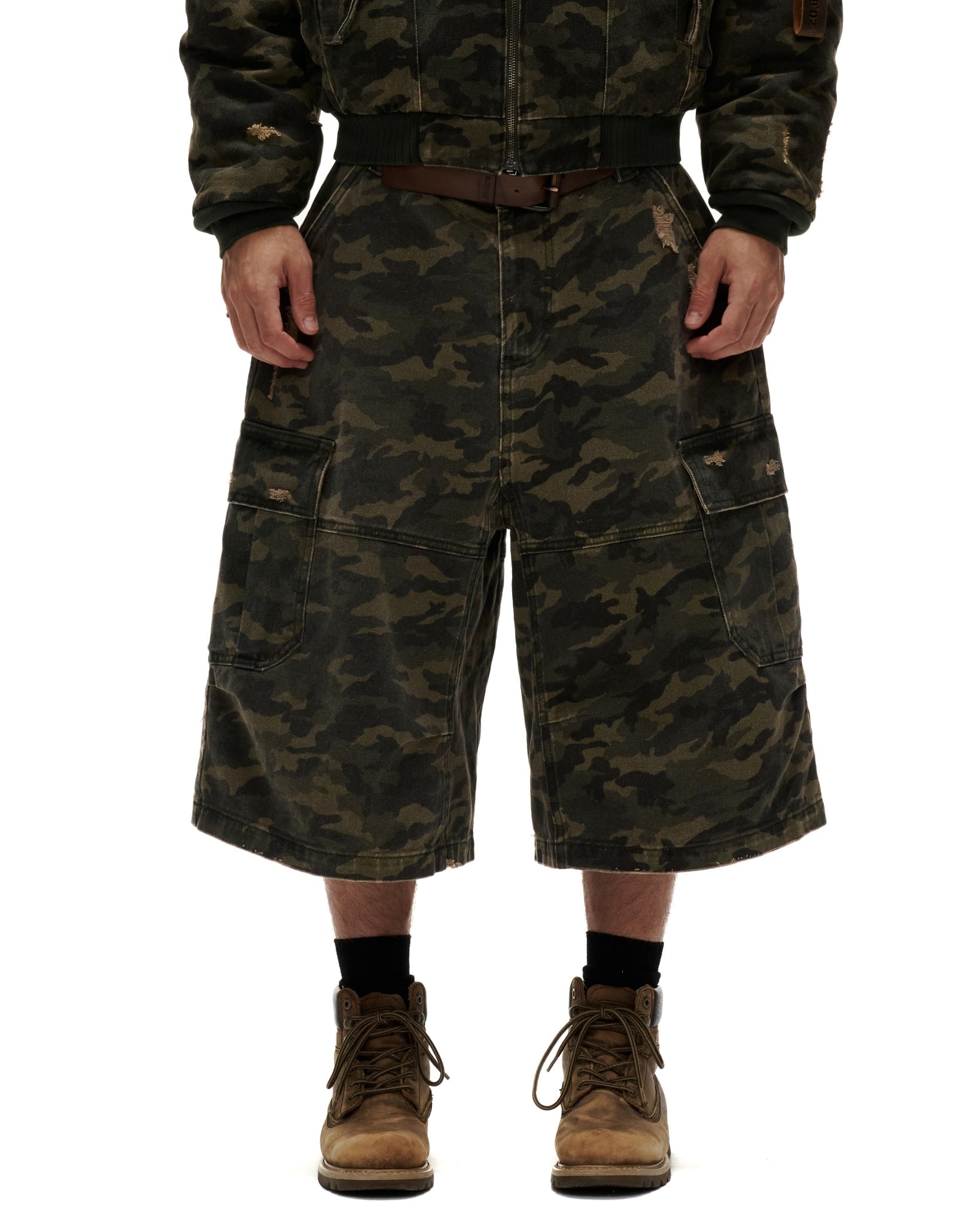 CS3 - "FNOS" WASHED CAMO CARGO SHORTS - DARK GREEN