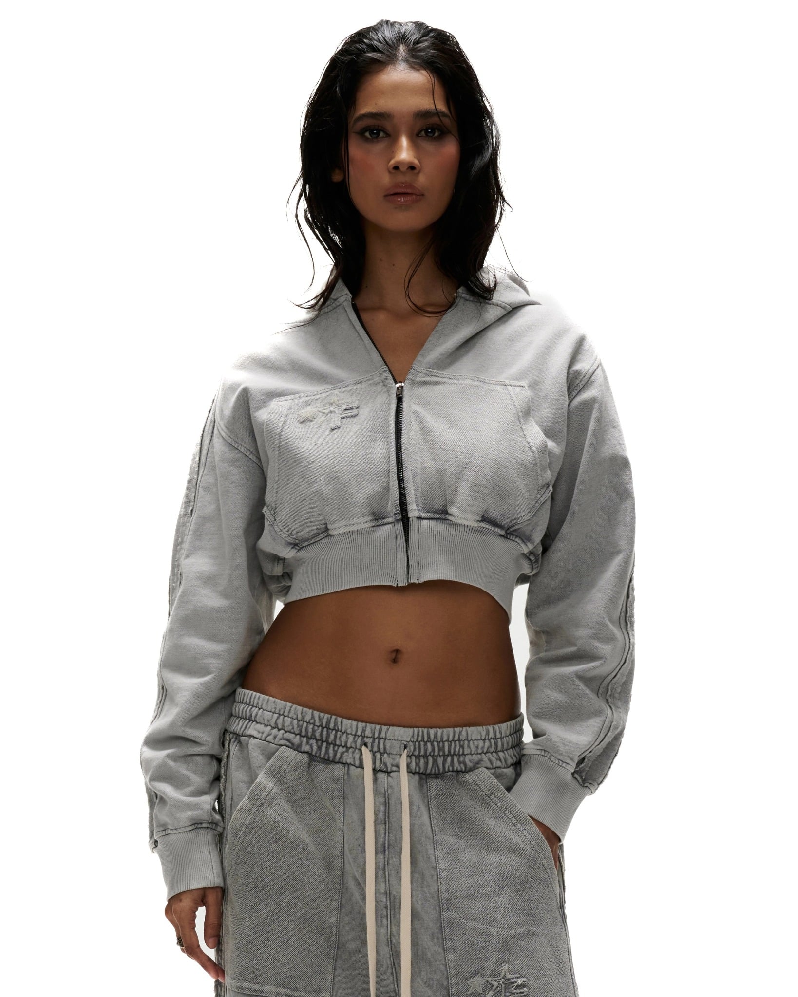 HDW3 - "FNOS" WASHED CROPTOP HOODIE - GREY