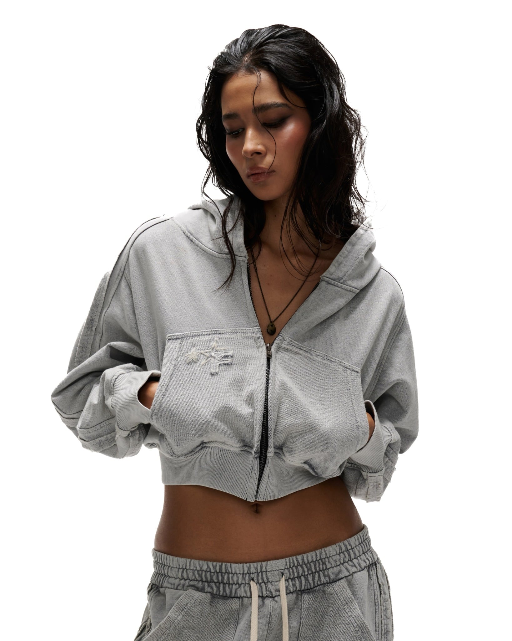 HDW3 - "FNOS" WASHED CROPTOP HOODIE - GREY
